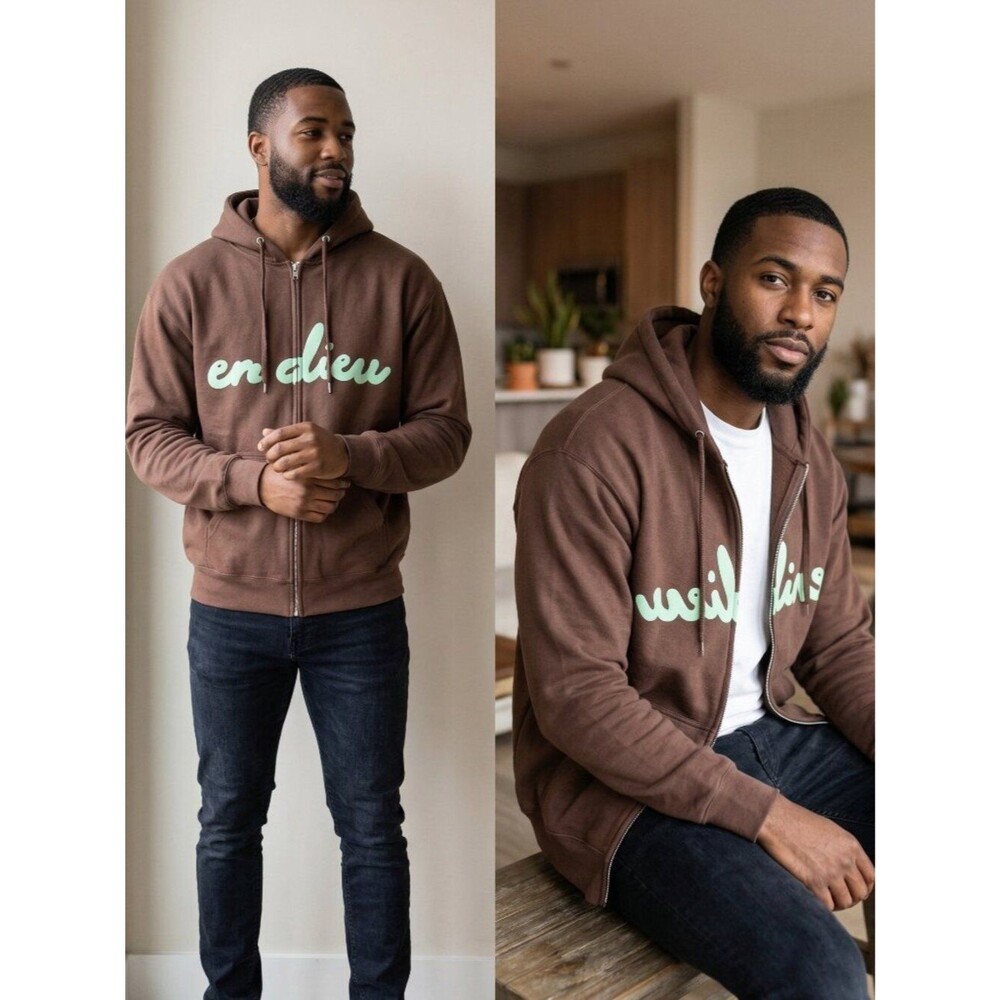 LIKE NEW En Dieu In God Script Chocolate Brown Zip Graphic Hoodie Size Large